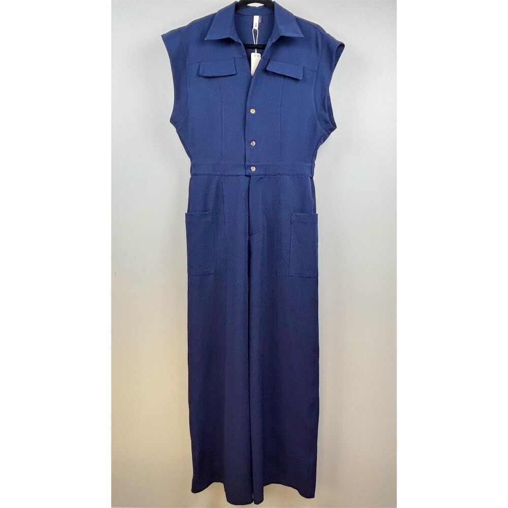 Glam Jumpsuit Womens Size L Navy Blue Sleeveless Utility Button Front